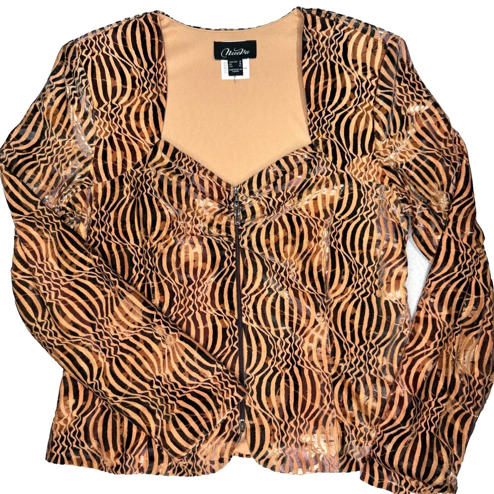 VTG Nueva Womens Top 14 Zip Front Blouse Velvet Burnout‎ Sweetheart Brown Glam